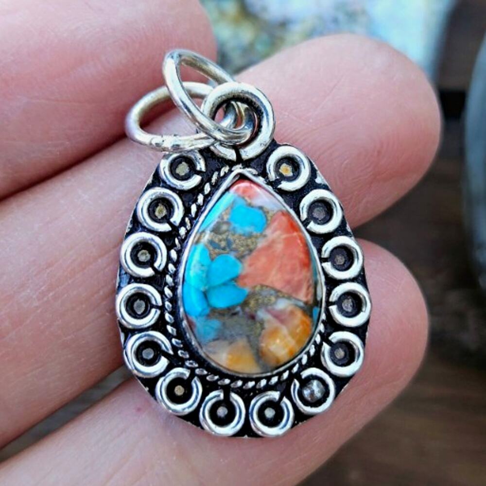 925 Sterling Silver Spiny Oyster Turquoise Mosaic Teardrop Pendant